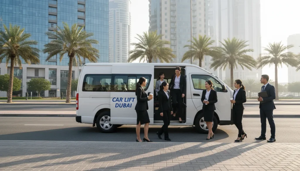Office workers using car lift Dubai service